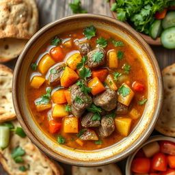 A delicious serving of Lamb Shurpa, a traditional Middle Eastern soup, is showcased in a rustic bowl