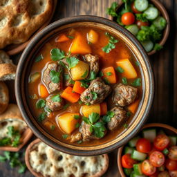 A delicious serving of Lamb Shurpa, a traditional Middle Eastern soup, is showcased in a rustic bowl