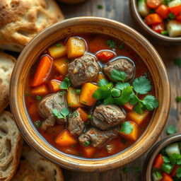 A delicious serving of Lamb Shurpa, a traditional Middle Eastern soup, is showcased in a rustic bowl