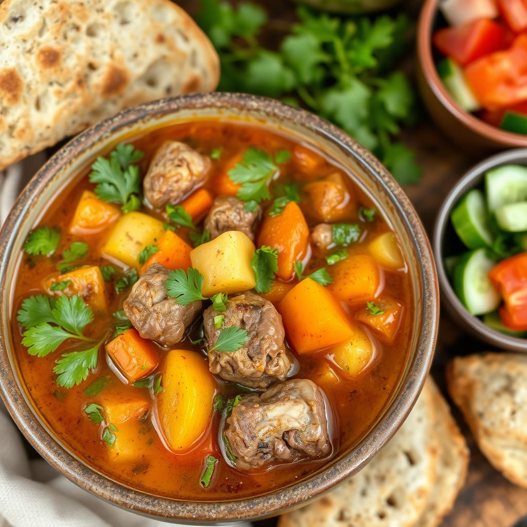 A delicious serving of Lamb Shurpa, a traditional Middle Eastern soup, is showcased in a rustic bowl