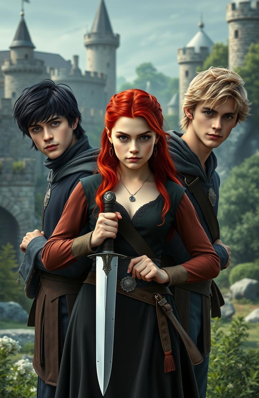 A beautiful 20-year-old girl with striking red hair, standing confidently in the foreground, holding a knife