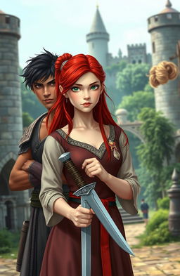 A beautiful 20-year-old girl with striking red hair, standing confidently in the foreground, holding a knife