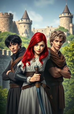 A beautiful 20-year-old girl with striking red hair, standing confidently in the foreground, holding a knife