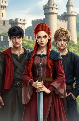 A beautiful 20-year-old girl with striking red hair, standing confidently in the foreground, holding a knife