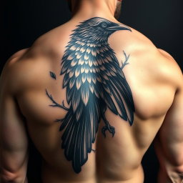 A detailed tattoo of a raven on the back of a muscular man, showcasing intricate designs and textures within the raven's feathers