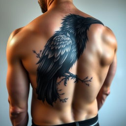 A detailed tattoo of a raven on the back of a muscular man, showcasing intricate designs and textures within the raven's feathers