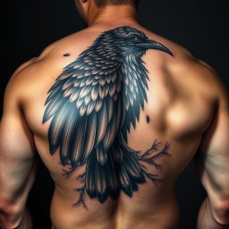 A detailed tattoo of a raven on the back of a muscular man, showcasing intricate designs and textures within the raven's feathers