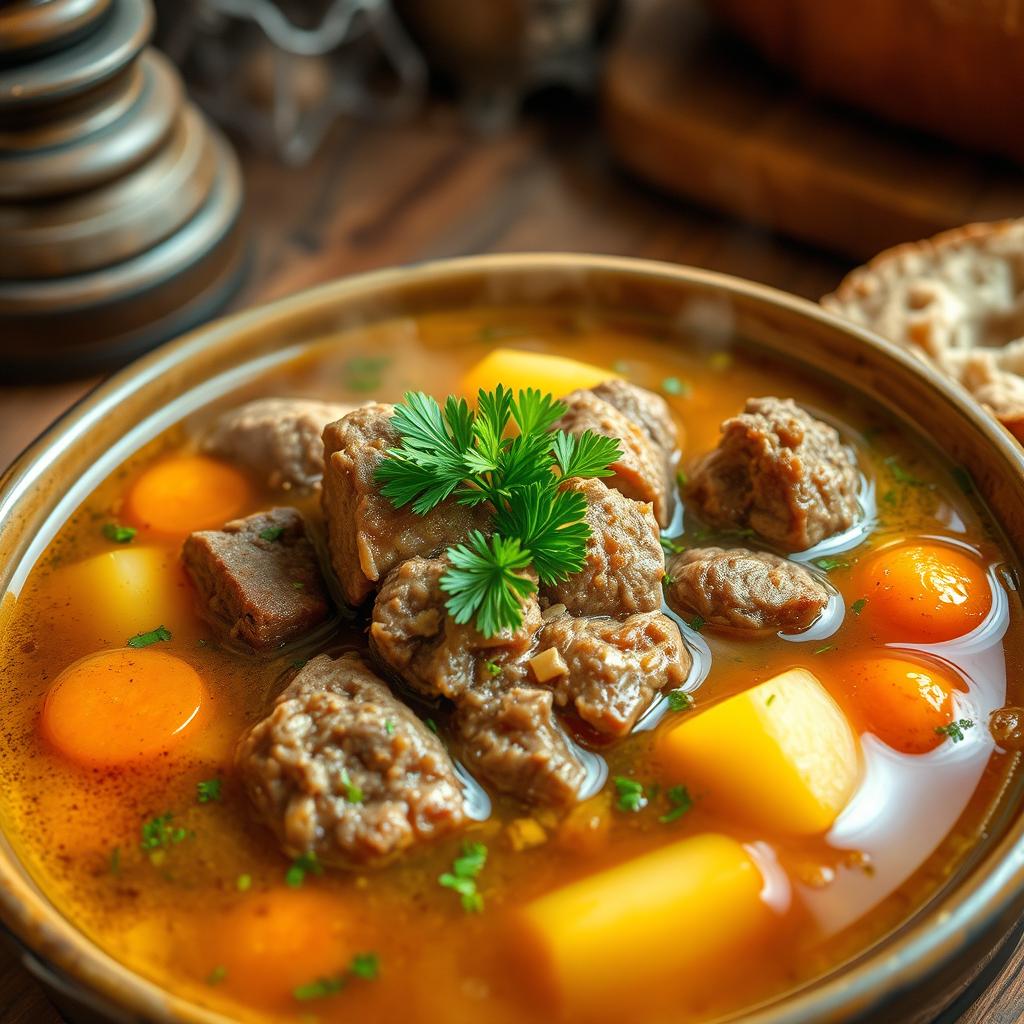 A traditional Lamb Shurpa dish, enriching with tender lamb meat, vibrant vegetables like carrots and potatoes, garnished with fresh herbs, and served in a rustic bowl
