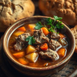 A traditional Lamb Shurpa dish, enriching with tender lamb meat, vibrant vegetables like carrots and potatoes, garnished with fresh herbs, and served in a rustic bowl