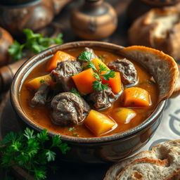 A traditional Lamb Shurpa dish, enriching with tender lamb meat, vibrant vegetables like carrots and potatoes, garnished with fresh herbs, and served in a rustic bowl