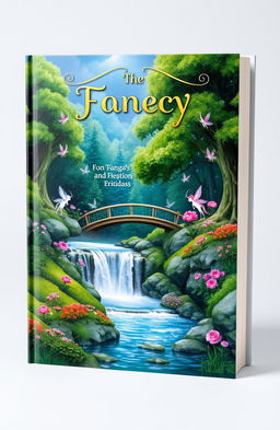 A standing book cover design featuring a whimsical fantasy theme, showcasing a majestic forest scene with vibrant green trees and colorful flowers