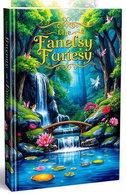 A standing book cover design featuring a whimsical fantasy theme, showcasing a majestic forest scene with vibrant green trees and colorful flowers