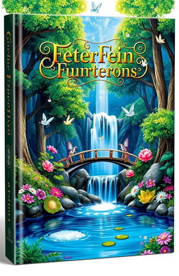 A standing book cover design featuring a whimsical fantasy theme, showcasing a majestic forest scene with vibrant green trees and colorful flowers