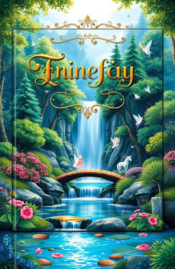 A standing book cover design featuring a whimsical fantasy theme, showcasing a majestic forest scene with vibrant green trees and colorful flowers