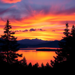 A beautifully stylized scene showcasing a stunning sunset over a serene lake with vibrant hues of orange, pink, and purple reflecting on the water's surface