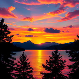 A beautifully stylized scene showcasing a stunning sunset over a serene lake with vibrant hues of orange, pink, and purple reflecting on the water's surface