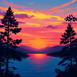 A beautifully stylized scene showcasing a stunning sunset over a serene lake with vibrant hues of orange, pink, and purple reflecting on the water's surface