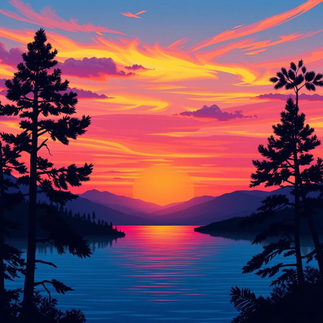 A beautifully stylized scene showcasing a stunning sunset over a serene lake with vibrant hues of orange, pink, and purple reflecting on the water's surface