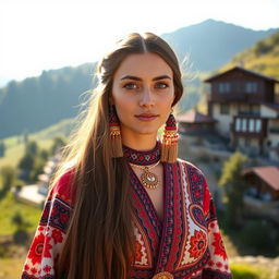 A beautiful Chechen woman dressed in traditional Hingal attire, showcasing intricate patterns and vibrant colors