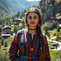 A beautiful Chechen woman dressed in traditional Hingal attire, showcasing intricate patterns and vibrant colors