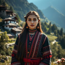 A beautiful Chechen woman dressed in traditional Hingal attire, showcasing intricate patterns and vibrant colors