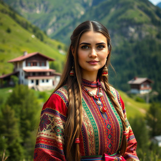 A beautiful Chechen woman dressed in traditional Hingal attire, showcasing intricate patterns and vibrant colors