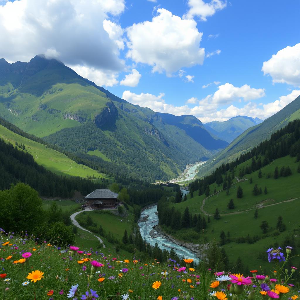 A majestic landscape showcasing the scenic beauty of Chechen Hingal, featuring towering green mountains, lush valleys, and a pristine river winding through the terrain