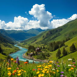 A majestic landscape showcasing the scenic beauty of Chechen Hingal, featuring towering green mountains, lush valleys, and a pristine river winding through the terrain