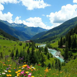 A majestic landscape showcasing the scenic beauty of Chechen Hingal, featuring towering green mountains, lush valleys, and a pristine river winding through the terrain