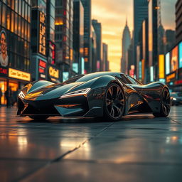 A sleek, futuristic car design showcased in a stunning urban environment