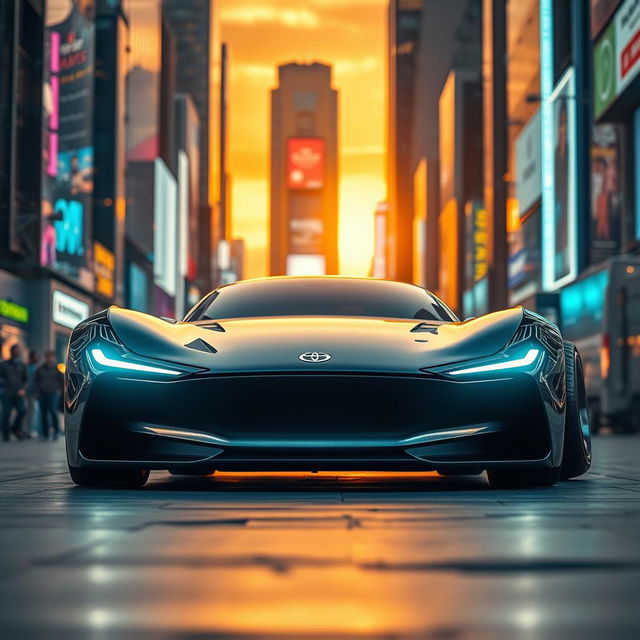 A sleek, futuristic car design showcased in a stunning urban environment