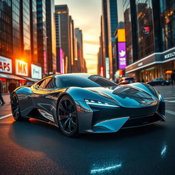 A sleek, futuristic car design showcased in a stunning urban environment