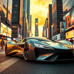A sleek, futuristic car design showcased in a stunning urban environment