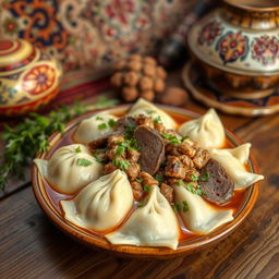 A traditional Chechen dish called Hinkal, beautifully arranged on a rustic wooden table