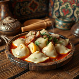 A traditional Chechen dish called Hinkal, beautifully arranged on a rustic wooden table