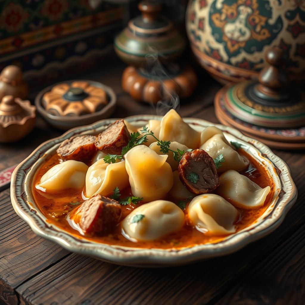 A traditional Chechen dish called Hinkal, beautifully arranged on a rustic wooden table