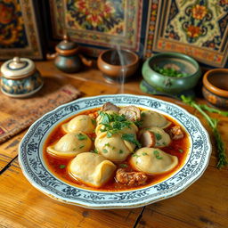 A traditional Chechen dish called Hinkal, beautifully arranged on a rustic wooden table