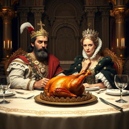 A fantastical and imaginative scene depicting Cyrus the Great, the ancient Persian king, seated at an ornate table in a lavish palace