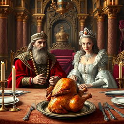 A fantastical and imaginative scene depicting Cyrus the Great, the ancient Persian king, seated at an ornate table in a lavish palace