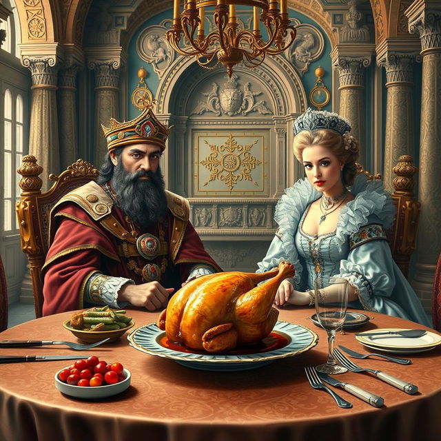 A fantastical and imaginative scene depicting Cyrus the Great, the ancient Persian king, seated at an ornate table in a lavish palace