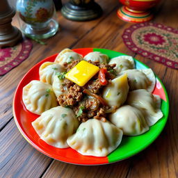 A beautifully presented plate of Хьингал, a traditional North Caucasian dish featuring large dumplings filled with a delicious mixture of seasoned meat and onions