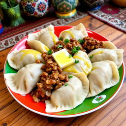 A beautifully presented plate of Хьингал, a traditional North Caucasian dish featuring large dumplings filled with a delicious mixture of seasoned meat and onions
