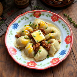 A beautifully presented plate of Хьингал, a traditional North Caucasian dish featuring large dumplings filled with a delicious mixture of seasoned meat and onions