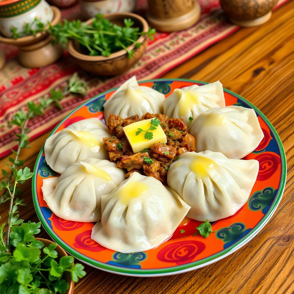 A beautifully presented plate of Хьингал, a traditional North Caucasian dish featuring large dumplings filled with a delicious mixture of seasoned meat and onions