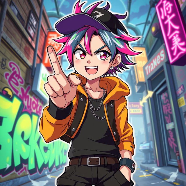 A vibrant anime-style illustration featuring a charismatic character with colorful hair, dressed in stylish streetwear, confidently showing a middle finger