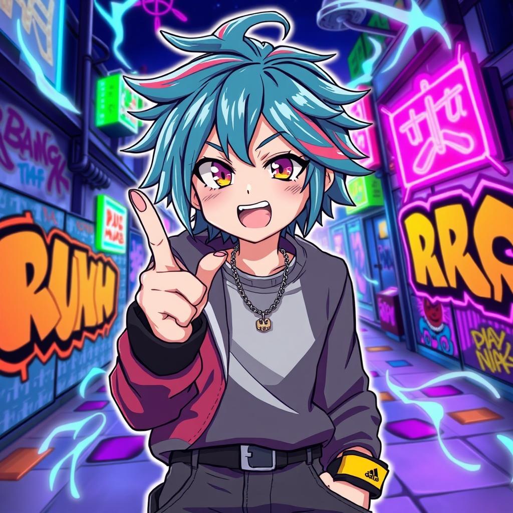 A vibrant anime-style illustration featuring a charismatic character with colorful hair, dressed in stylish streetwear, confidently showing a middle finger