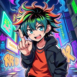 A vibrant anime-style illustration featuring a charismatic character with colorful hair, dressed in stylish streetwear, confidently showing a middle finger