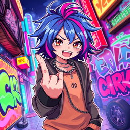 A vibrant anime-style illustration featuring a charismatic character with colorful hair, dressed in stylish streetwear, confidently showing a middle finger