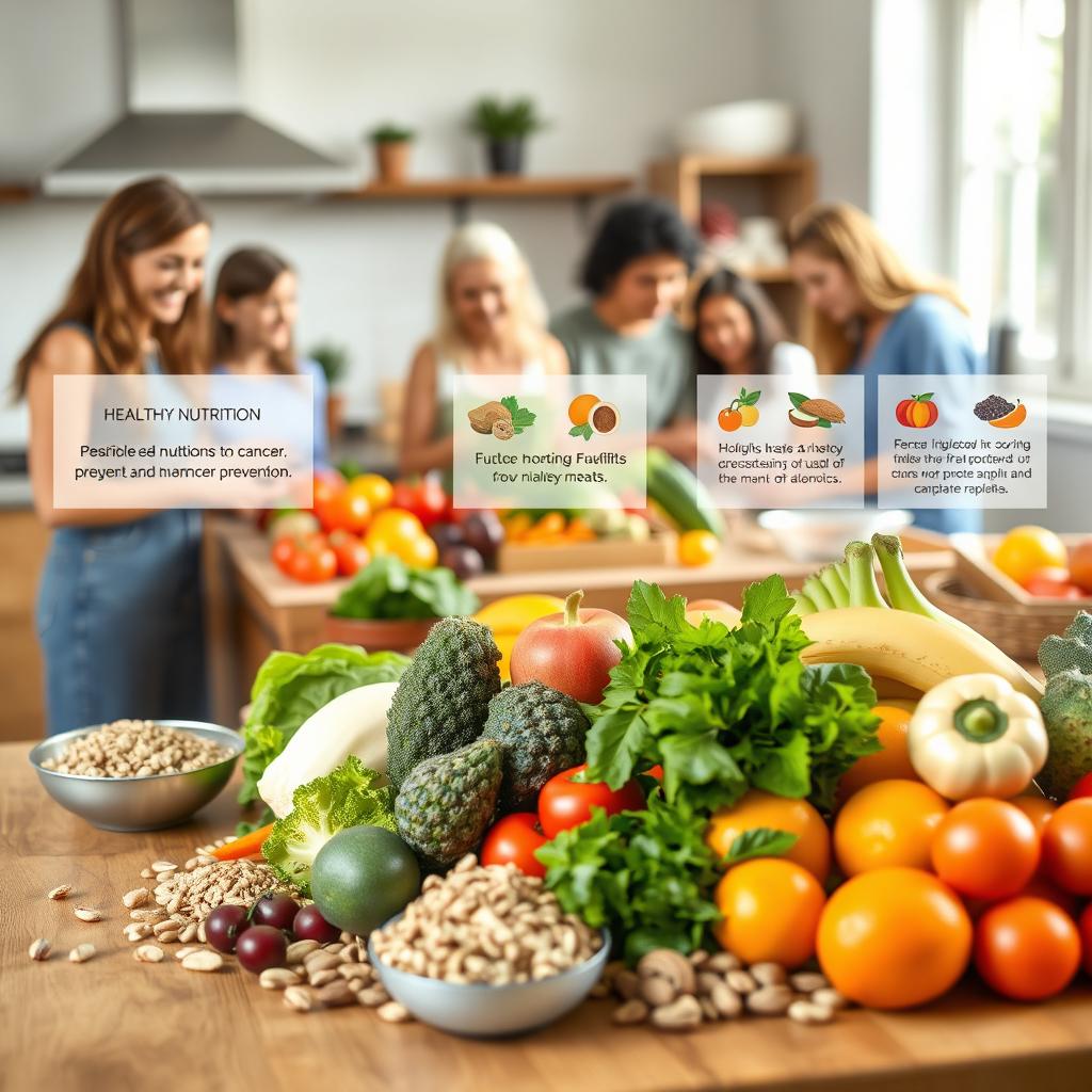 An educational scene illustrating healthy nutrition as a vital component in cancer prevention and treatment