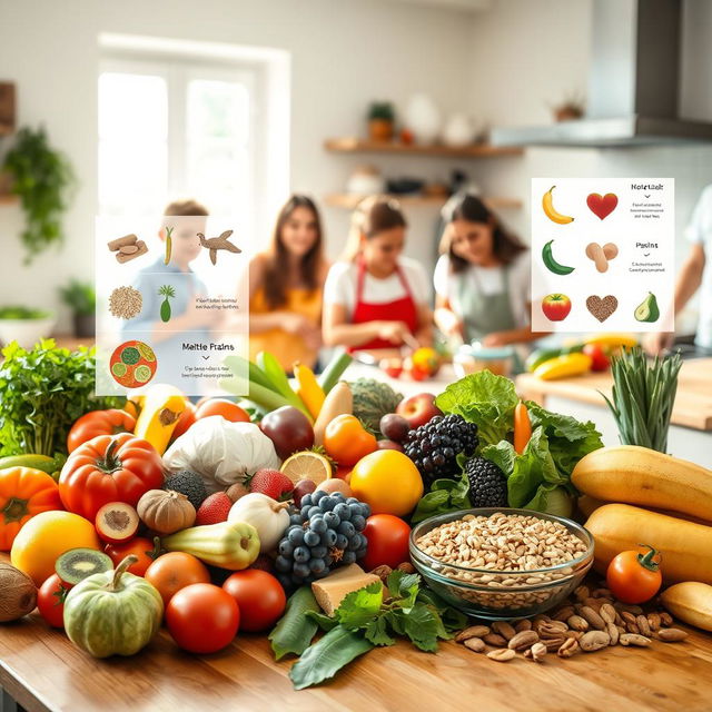 An educational scene illustrating healthy nutrition as a vital component in cancer prevention and treatment